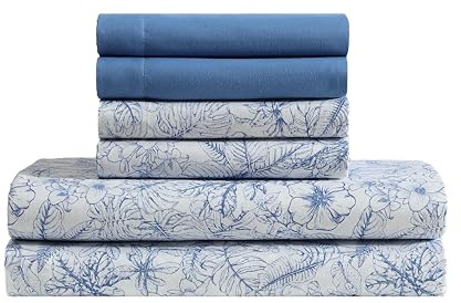 Caribbean Joe 6-Pc Queen Sheet Set, Cooling Pillowcases Tropical Toile Blue