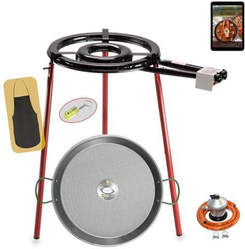 COMBOI Kit Paellero Pro 35 cm, Bruciatore Gas Butano-Propano, Paellera Lucidata 46 cm, Regolatore, Tubo, Supporto Gambe, Livello, Grembiule, Libro Ricette Digitale