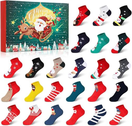 24 Paare Weihnachten Socken Damen Socken Adventskalender 2024 Frauen Erwachsene,Weihnachtssocken-Adventskalender 2024 Socken, Adventskalender Socken Damen Weihnachtssocken Geschenkset