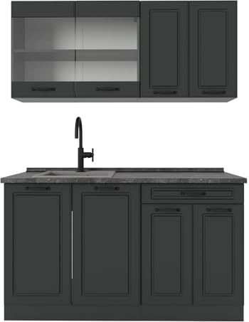 Vicco Singleküche R-Line, Anthrazit Landhaus, 140 cm, AP Anthrazit, zur flexiblen Erweiterung mit weiteren Modulen geeignet