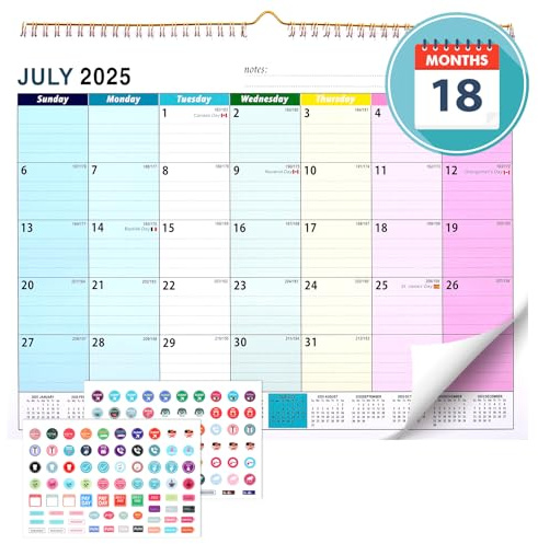 JIANTA Calendario da Muro 2025-2026, Calendari per Parete 18 Mesi da Luglio 2025 - Dicembre 2026, Calendario con Adesivi per Appendere, Multicolore