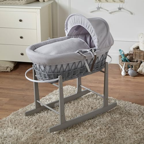 For Your Little One Wicker Moses Basket with Rocking Stand, 83 x 49 cm, Hand-woven Natural, Hypoallergenic Mattress Grey Wicker/Waffle Pattern (Grey)