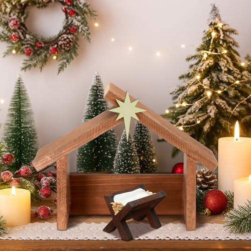 Yaomiao Presepe natalizio Stalla Mangiatoia Decorazioni in legno con stella da tetto per scala interna Sacra Famiglia Stalla in legno Capannone Creche Home Desk Decor