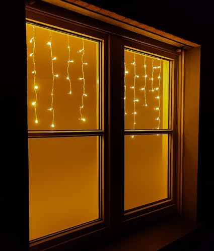 Ambients LED Eisregen Lichtervorhang extra warmweiß mit Timer, 100 LEDs, goldig warmes Licht für innen und außen, ca. 2 m breit x 0,7 m hoch, 5 m Zuleitung, transparentes Kabel