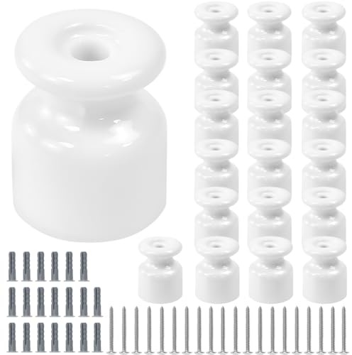 ZXBBTZ 20 Pezzi Isolatori Ceramica Bianchi Isolatori in Porcellana per Cavi Trecciati Ø19mm con Viti e Tasselli Fermacavo in Ceramica Supporto Isolante per Cavi Intrecciati per Proteggere Il Cavo