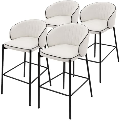 ML-Design 4x Taburetes de Bar Beige con Tapizado de Tela, 76cm de Altura, Sillas con Estructura Metálica, Asientos de Cocina con Respaldo y Reposapíes, Sillones de barra, Mueble de Mostrador de Bistro