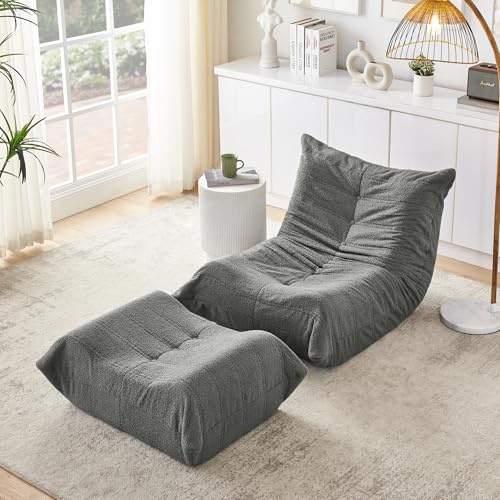 Lazy - Sillón de suelo con respaldo y reposapiés, puf de piel de peluche, XXL, cómodo sillón relax de espuma, silla de suelo, silla de lectura para salón, dormitorio (gris)