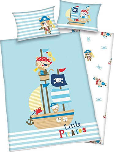 Arle-Living Biancheria da letto per bambini, motivo pirati, 100 x 135 cm + 40 x 60 cm + 1 lenzuolo con angoli 70 x 140 cm (con lenzuolo: blu)