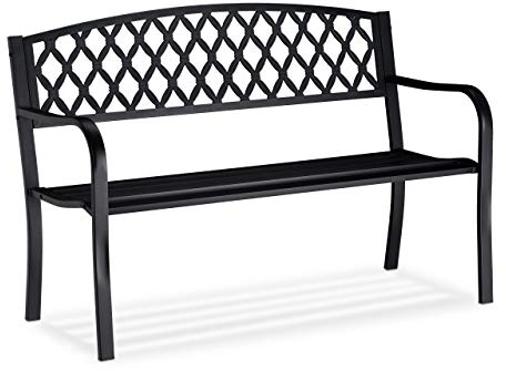 Relaxdays Banco Jardín y Terraza de 2 Plazas con Diseño Enrejado, Hierro Fundido y Acero, 86,5 x 127,5 x 58,5 cm, Negro