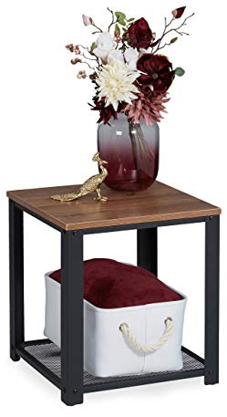 Relaxdays Tavolino da Salotto, Piano d’Appoggio Quadrato, Ripiano con Griglia Acciaio, HLP 44 x 40 x 40 cm, Marrone Nero