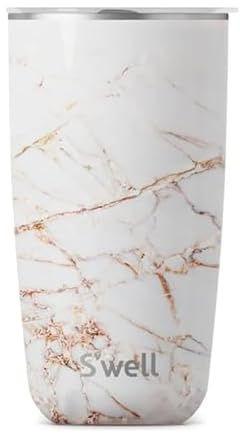 S'well Tumbler with Lid, 530ml, Calacatta Gold, BPA/BPS-Free Vacuum Triple-Insulated Travel Cup with Slide-Open Lid, for Hot and Cold Beverages