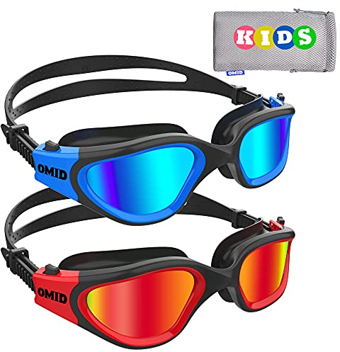 OMID Kids Swim Goggles, 2 Packs P2 Comfortable Polarized Unisex-child Swimming Goggles, Anti-Fog No Leaking Swim Goggles for Children with UV Protection Age 6-14 (Black Blue+Black Red)
