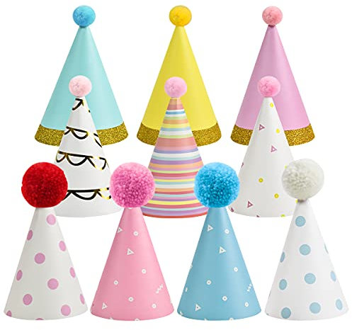 LUUFAN 10Pcs Birthday Party Cone Hats with Pom Poms, Paper Party Hats Decoration For Adults and Kids (10 Pcs)