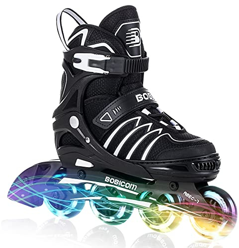 BOBICOM Adjustable Inline Skates with Full Light Up Wheels,Outdoor Illuminating Roller Skates for Kids and Adults, Girls and Boys, Men and Women, Black L