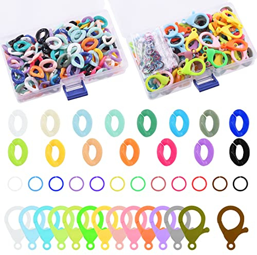 Swpeet 360 anillos de enlaces acrílicos de 15 colores mezclados, conectores de enlace rápido con clips de plástico duro multicolor, cierres de pinza de langosta y anillos abiertos para pendientes
