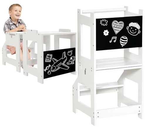 HOMCOM 2 in 1 Kids Kitchen Step Stool with Safety Rail Toddler Steps with Chalkboard for Kitchen, White