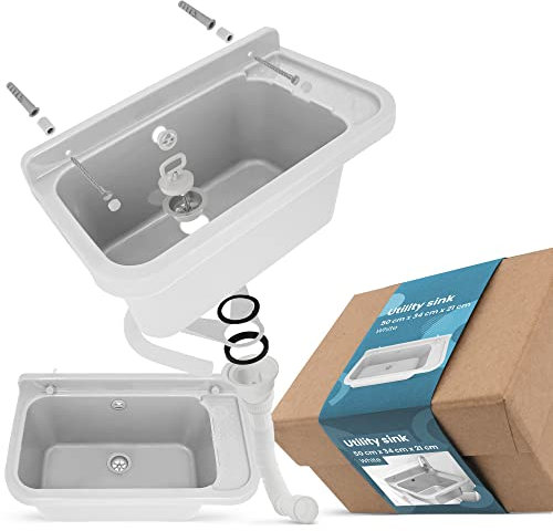 Waschbecken mit Regal 50 x 34 x 21 cm Weiß | Spülbecken Ausgussbecken Waschtrog Becken Ablage Überlauf Gewerbe Waschraum Garten Garage Keller Werkstatt Waschküche Außenwaschbecken Gartenwaschbecken