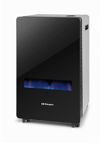 Estufa gas llama azul. Frontal de cristal templado. Apta para gas butano y propano. Potencia máxima 3800W.