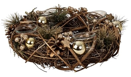 Couronne de l'Avent de Noël en plusieurs matériaux ronde avec décoration doré/marron pour bougies chauffe-plat, diamètre 34 cm