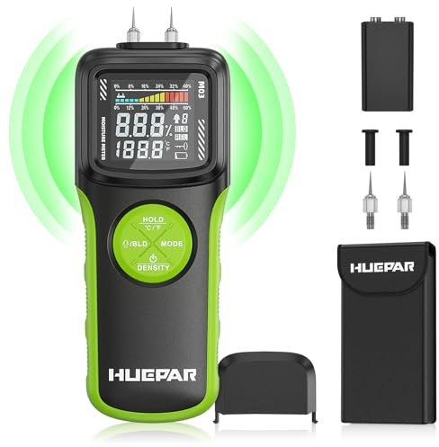 Humidimètre pour Bois à Broche et Sans Broche, Huepar Testeur Humidité avec 2 Modes de Mesure du Bois et du Bâtiment - Écran LCD Rétroéclairé avec Alertes Sonores de Teneur en Humidité Milieu-Haut