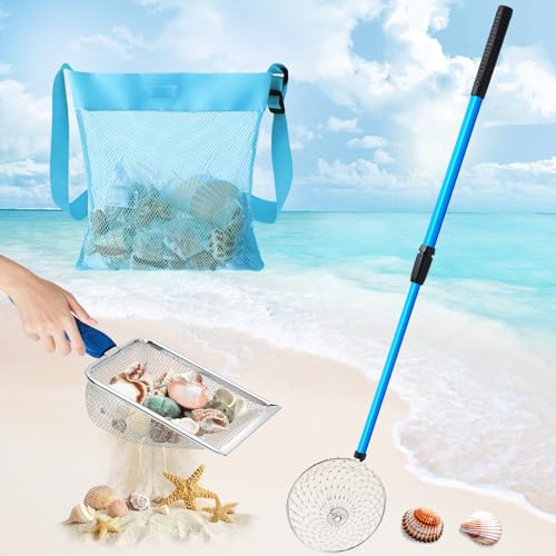 Liliful 3 Pcs Shelling Tools for Beach 28 Shark Tooth Sifter Long Handle Beach Sand Sifter Mesh Shovel with Seashell Bags Detachable Shell Scooper for Boys Girls(Blue)