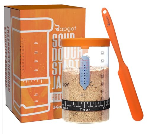 Sourdough Starter-Set, Sauerteig-Starterglas mit Großem Fassungsvermögen, Datumsanzeige, Thermometer, Sauerteigschaber, Sauerteigbehälter, Genähter Stoffbezug und Silikonabdeckung, L4