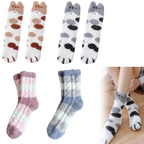 QOWUXHZ 4 Paires Chaussettes Polaires Douillettes Pour Femme - Chaussettes Chaudes et Moelleuses pour Noël et Hiver