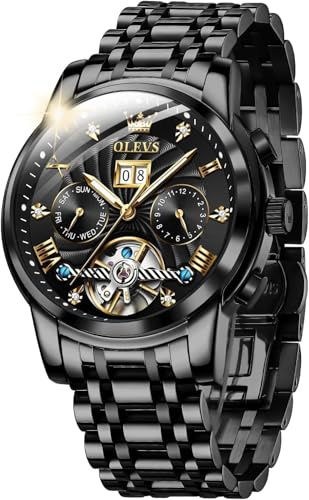 OUPINKE Herrenuhren Automatik Skelett Mechanische Armbanduhr Schwarz Zifferblatt mit Diamanten Tourbillon Wasserdicht Luminous Tag Datum Schwarz Edelstahlarmband