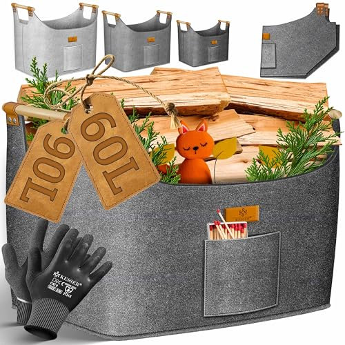 KESSER® Cesta para leña de 90 litros | Bolsa para leña de chimenea de fieltro extra grueso | Cesta plegable con asas de madera reforzadas | Cesta de almacenamiento para madera, periódico o leña |
