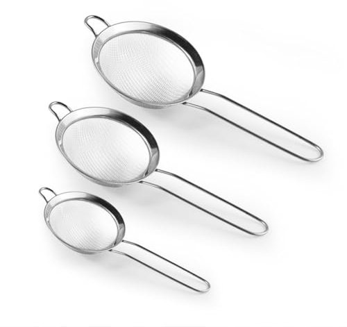 Sieves and Strainers Set Metal Sieve Stainless Steel, Fine Mesh Strainer Pack of 3 Kitchen Mesh, Sive Cooking, Flour for Baking Rust Free Seive, Dishwasher Safe SIV, Colander