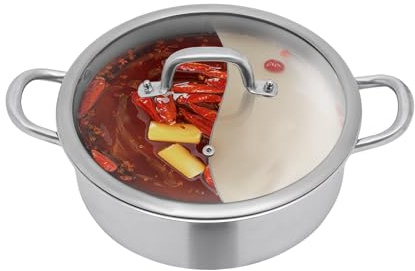 RjcdOPL Pentola a due scomparti in acciaio inossidabile 304, pentola per fonduta con accessori completi, coperchio in vetro e cucchiaio/cucchiaio perdente (28 cm (diametro esterno))