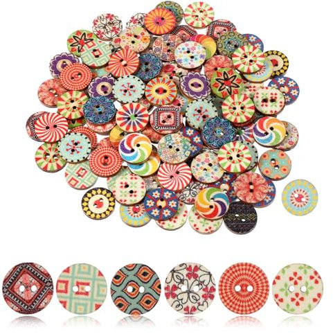 cobee 100 Stück Bunte Holzknöpfe, 15mm Vintage Nähen Knöpfe Rund Blumen Puppenknöpfe Basteln Buttons Knöpfe zum Annähen, Geometrishes Muster Kinderknöpfe für Nähen DIY Basteln Handwerk Deko