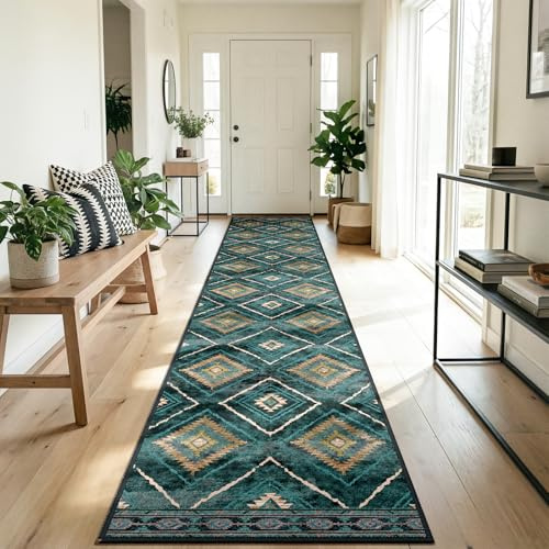 DEFYNEE Teppich Läufer Flur 60 x 300 cm, rutschfest Küchenläufer, Kurzflor Teppichläufer, Waschbar, Faltbar, Boho Design – für Flur, Küche, Wohnzimmer & Büro, Petrolgrün