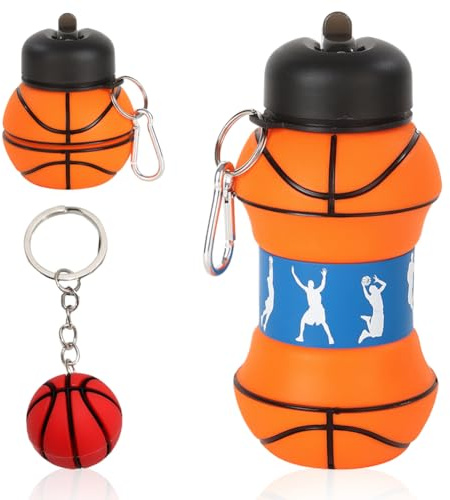 Bouteille de boisson de basket-ball, Bouteille d'eau en Silicone pour le Basketball, Bouteille de Sport en Silicone pour Enfants, Extérieur, Voyage et Vélo, Avec le Trousseau de Basketball 550ML