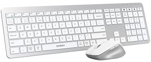 seenda Wireless Bluetooth Keyboard and Mouse, Dual Bluetooth+2.4G USB, COE300 Multi-Device Ultra Slim Quiet Keyboard and Mouse Set Full Size for Windows, Mac OS, Laptop, PC, iPad, Tablet, White&Silver