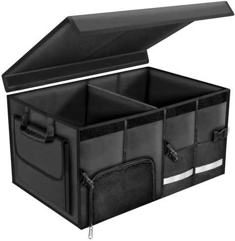 Carehabi Organizer per bagagliaio, 72 l, con coperchio, XXL, pieghevole, con scomparti e tasche, per bagagliaio, misura regolabile, accessorio per il campeggio, picnic