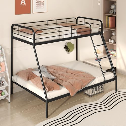 Multigot Metal Bunk Bed, Single Over Double Triple Sleeper Beds with Ladder, Safety Guardrail and Under-Bed Storage, Space-Saving Slatted Loft Bed Frame for Adults, No Box Spring Needed (Black)