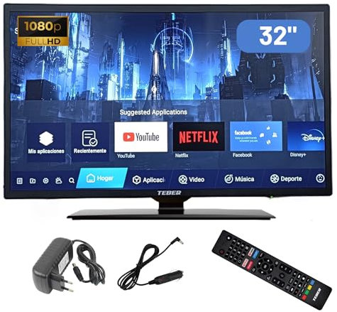TEBER. Smart TV 32 - 12 V/24 V/230 V Android 11 - Full HD Commande vocale haute résolution 1920 x 1080 DVB-S2/C/T2/T pour camping-car, cuisine, chambre à coucher, camping-car, bateau