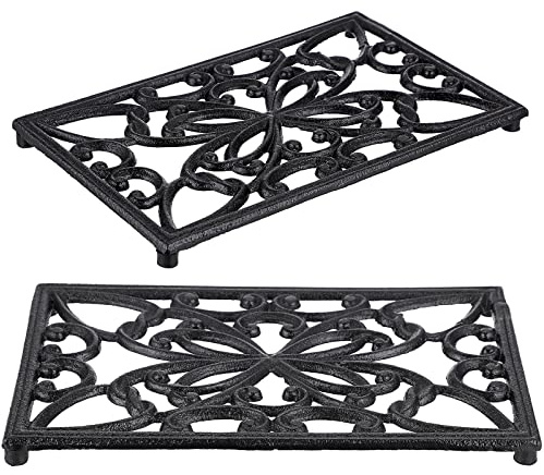 OLegei - Salvamanteles rectangular de hierro fundido vintage con patas de goma para proteger los platos calientes, soporte para olla para cocina y mesa de comedor (negro, estilo 1)