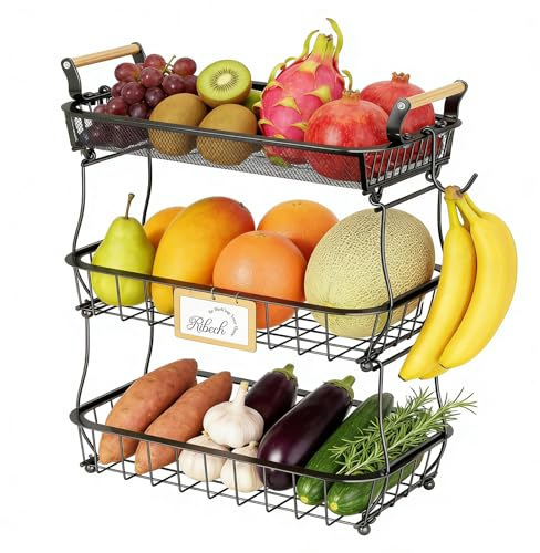 Ribech Corbeille à Fruits à 3 Étages, Panier de Rangement Métallique Multifonction pour Cuisine/Salon, Organisateur de Fruits Légumes Snacks, Design Vintage avec Revêtement Poudré Antirouille, Noir