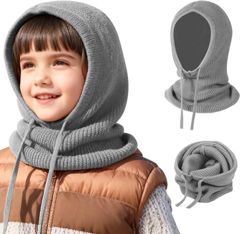 TAGVO 2 in 1 Kinder Sturmhaube mit Kapuzenschal, Winddichte Strickmütze Wintermütze Weicher Winter Strickschal mit Mütze, Einteiliges Hut und Nackenwärmer Set für Mädchen Jungen 4-10 Jahre
