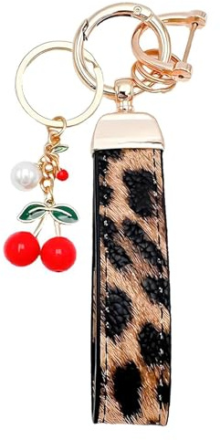 Wristlet Keychain - Lanyard for Keys, Cherry Leopards Prints Wristlet Keychain, Fashion Leopard Print Keyring with Detachable Cherry Keyrings,Leopard Print Car Accessories,Keyring Strap for Bag Purse
