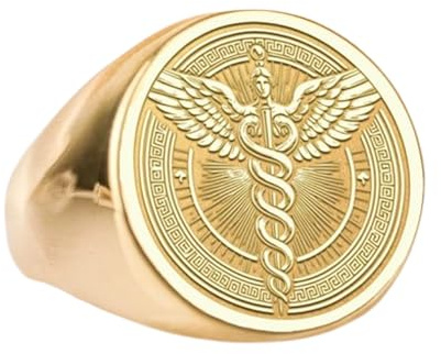 LKBEADS Hermes-ring i 925 sterlingsilver | Guldpläterad ring | Sigillring i rund form, 15 x 15 mm | Bandstorlek US 5–12,5 avelaibal | LKDR_0727
