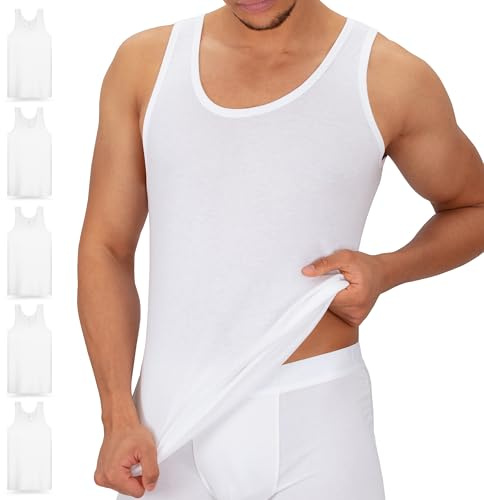 Celodoro - Set de 5 camisetas deportivas interiores para hombre, diseño liso, 100% algodón acanalado, preencogido, gran calidad, color blanco