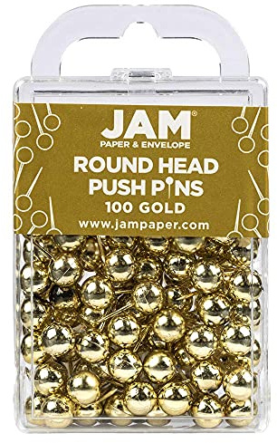 JAM PAPER Colorful Push Pins - Round Head Map Thumb Tacks - Gold Pushpins - 100/Pack