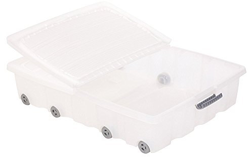 Lot de 2 boîtes de rangement en plastique à glisser sous le lit avec couvercle et roulettes, Plastique, blanc, Large (70L)