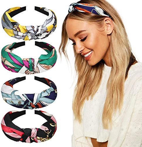 DRESHOW 4 Pièces Bandeau Cheveux Femme Boho Bandeaux Vintage Fleur Imprimé Hair Bandeau Cross Noué Élastique Bande de Cheveux Accessoire