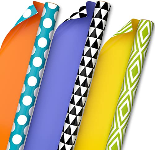 Hallmark Modern Wrapping Paper Rolls for Birthday, Graduation, Christmas, Gift Wrap Paper (Set of 3 Reversible Rolls: 75 sq. ft. ttl.) Black, White, Blue, Orange, Yellow & Green for All Occasions