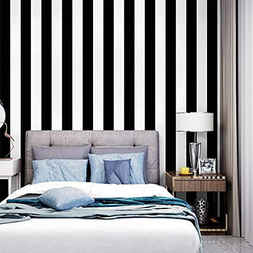 MEAIHOME Modern enkel horisontell vertikal randig sovrum kafé restaurang klädaffär TV bakgrund tapet rulle svart vit 1,73 'B x 32,8' L Icke-klistrad
