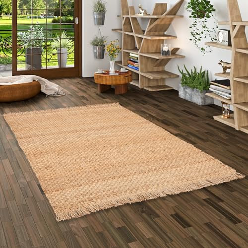 Pergamon Jute Teppich Salsa Beige Braun Fransen - Handgefertigt aus strapazierfähiger Naturfaser - Schlichtes Design - Verschiedene Größen und Formen verfügbar